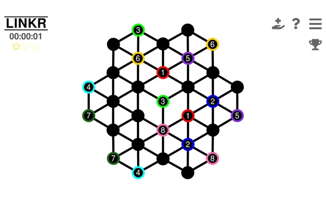 A LINKR board: a hexagonal network of dots and lines with eight coloured pairs of numbered dots, 1 to 8, waiting to be joined