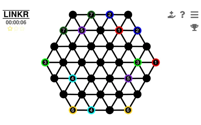 Today's LINKR board on 19 October 2026: a hexagon of triangles with seven coloured pairs of numbered dots, 1 to 7, and the timer and stars beside it