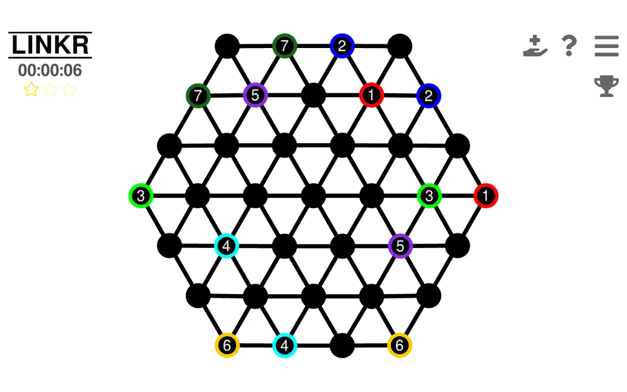 Today's LINKR board on 19 October 2026: a hexagon of triangles with seven coloured pairs of numbered dots, 1 to 7, and the timer and stars beside it