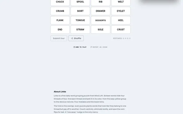 Links board on mindloftdaily.com: a four by four grid of words such as CHUCK, SPOOL, SKIRT, TONGUE and CRUST, with Submit four, Shuffle and four mistake dots