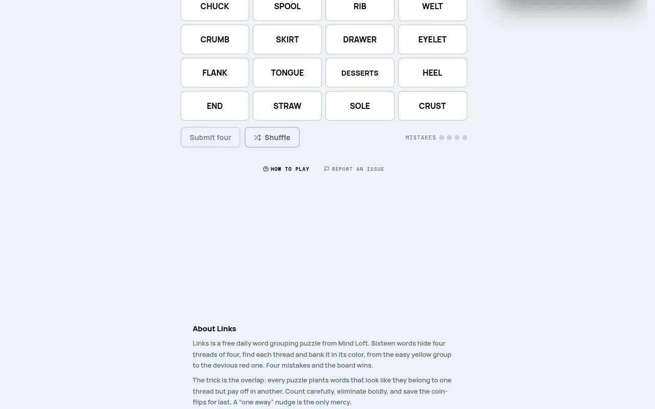Links board on mindloftdaily.com: a four by four grid of words such as CHUCK, SPOOL, SKIRT, TONGUE and CRUST, with Submit four, Shuffle and four mistake dots