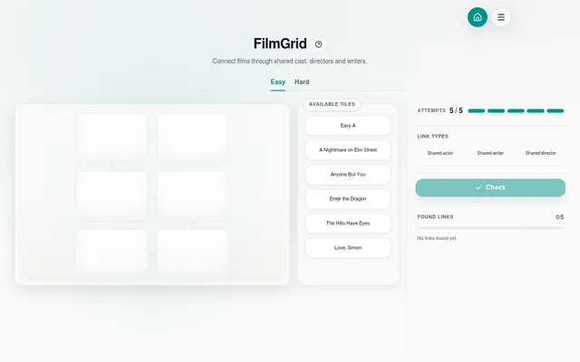 LinkyGrid FilmGrid on Easy: an empty grid of six linked slots beside the available film tiles Easy A, A Nightmare on Elm Street, Anyone But You, Enter the Dragon, The Hills Have Eyes and Love, Simon,