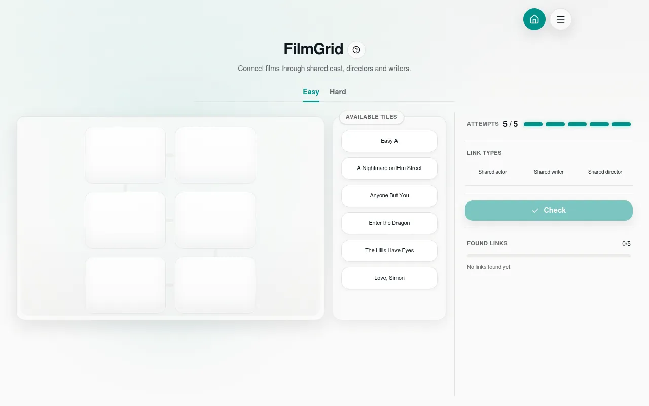LinkyGrid FilmGrid on Easy: an empty grid of six linked slots beside the available film tiles Easy A, A Nightmare on Elm Street, Anyone But You, Enter the Dragon, The Hills Have Eyes and Love, Simon,