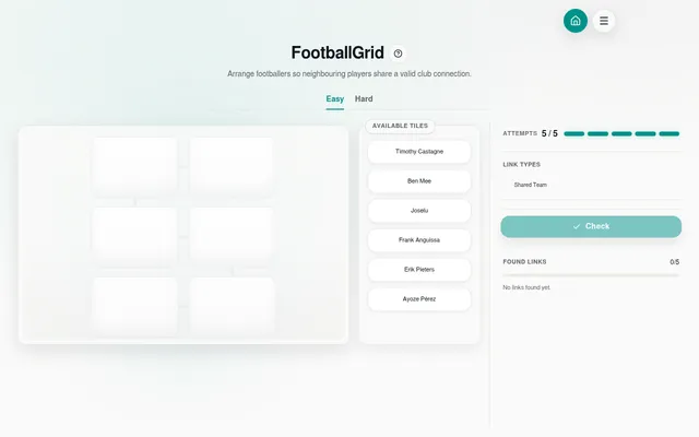 LinkyGrid FootballGrid, Easy: an empty grid of six linked slots beside the day's footballer tiles, from Timothy Castagne to Ayoze Pérez, linked by shared teams, with 5 of 5 attempts