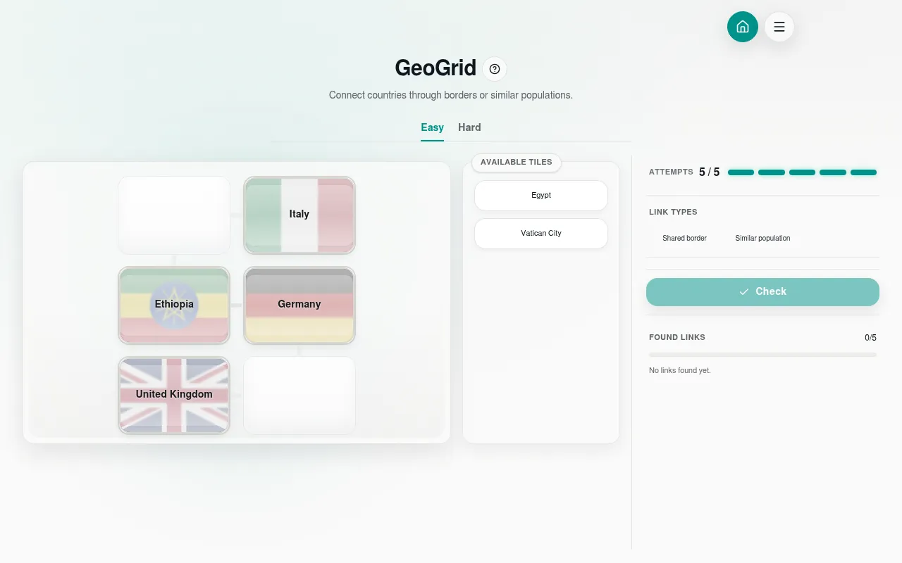 LinkyGrid GeoGrid on Easy in play: Italy, Ethiopia, Germany and United Kingdom placed as flag tiles on the grid, with Egypt and Vatican City still in the tray