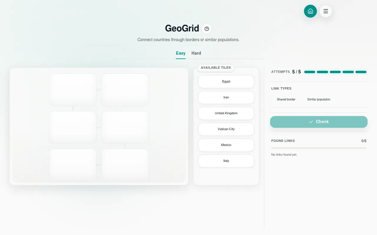 LinkyGrid GeoGrid on Easy: an empty grid of six linked slots beside the available country tiles Egypt, Iran, United Kingdom, Vatican City, Mexico and Italy, with link types Shared border and Similar p