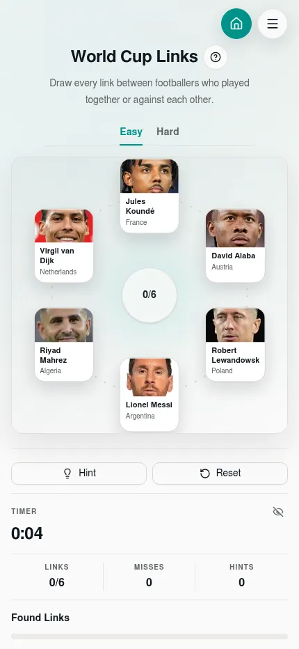 World Cup Links at phone size: the six-player ring above the Hint and Reset buttons and the timer