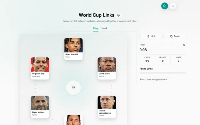 World Cup Links on Easy: Jules Koundé, David Alaba, Robert Lewandowski, Riyad Mahrez, Virgil van Dijk and Lionel Messi around a 0/6 links counter