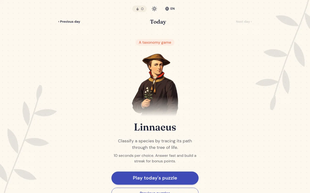 Linnaeus start screen: a portrait of Carl Linnaeus holding a sprig of flowers, the line Classify a species by tracing its path through the tree of life, and a Play today's puzzle button