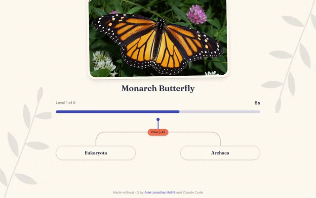 Linnaeus mid-game: a photo of a Monarch Butterfly above level 1 of 6, a timer bar at 6 seconds and the first fork of the tree of life, Eukaryota or Archaea, with a Clue (-4) button