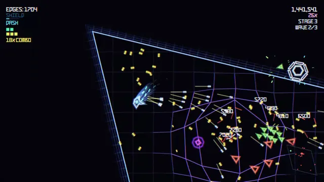 LINOVICTUS screenshot: a ship firing at waves of glowing vector enemies on a neon grid