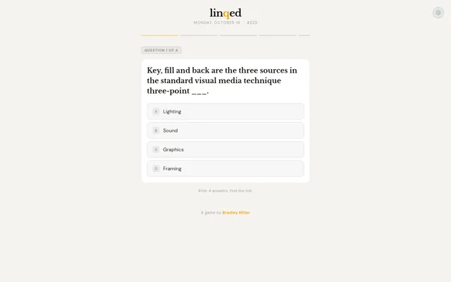 linqed puzzle #223 for 19 October: question 1 of 4 about three-point lighting, with four multiple-choice answers