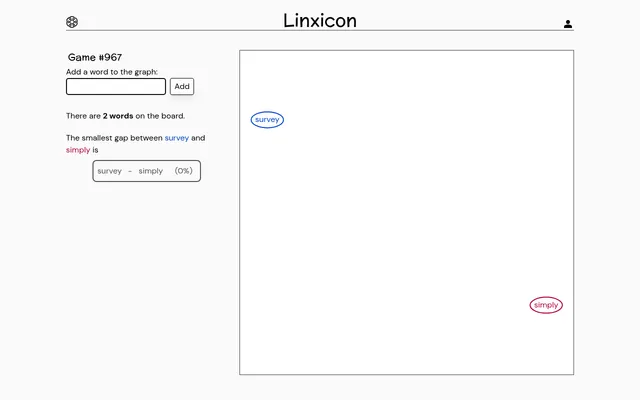 Linxicon Game #967 at the start: the day's two words, survey and simply, at opposite corners of an empty board, with a box to add a word and the gap between them shown as 0%