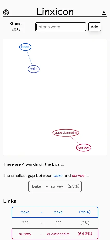 Linxicon Game #987 on a phone: bake linked to cake in one corner and survey linked to questionnaire in the other, the links list below the board