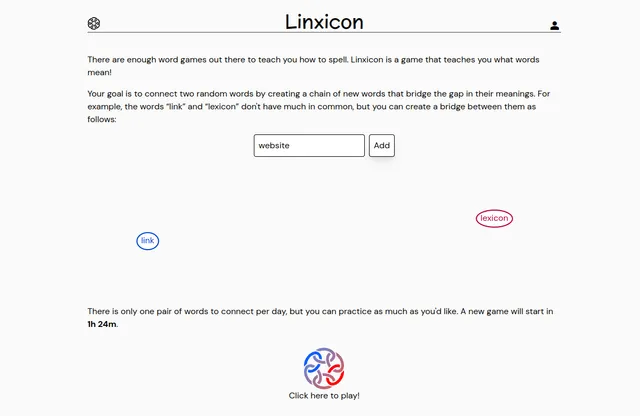 The Linxicon start page: the rules above a worked example linking the words link and lexicon, with a word box and Add button, and the Click here to play button