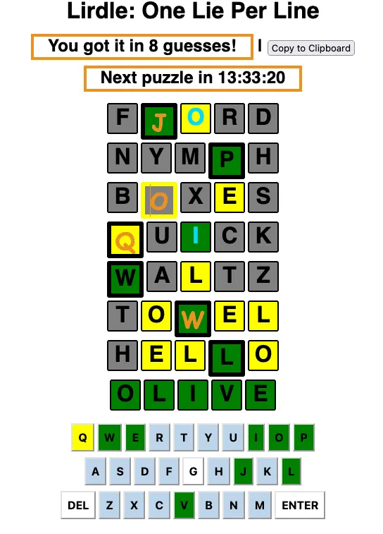 Lirdle solved in 8 guesses: FJORD, NYMPH, BOXES, QUICK, WALTZ, TOWEL and HELLO with coloured tiles, one of them a lie in each row, ending in OLIVE all green, with the countdown to the next puzzle