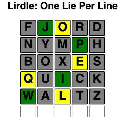 A Lirdle board in progress: FJORD, NYMPH, BOXES, QUICK and WALTZ marked in green, yellow and grey, one tile per row lying