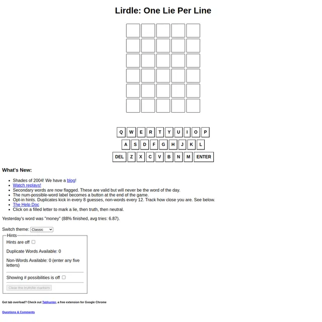 Lirdle: One Lie Per Line, showing an empty six-row five-letter Wordle grid and a QWERTY keyboard, with notes that you click a filled letter to mark a lie, truth or neutral, opt-in hints, and yesterday