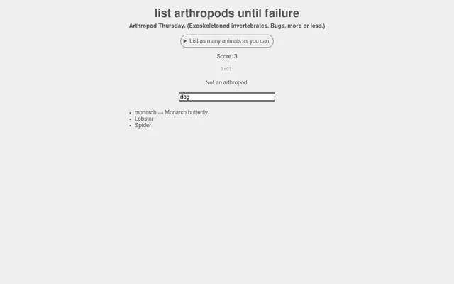 Arthropod Thursday on 29 October 2026 at desktop size: score 3 with spider, lobster and monarch butterfly listed, the timer at 1:01 and dog refused as Not an arthropod