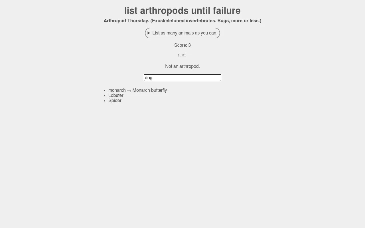 Arthropod Thursday on 29 October 2026 at desktop size: score 3 with spider, lobster and monarch butterfly listed, the timer at 1:01 and dog refused as Not an arthropod