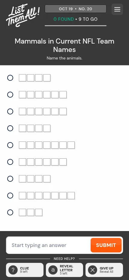 List Them All! at phone size on Oct 19: the NFL mammals category with nine rows of letter boxes and the answer box below