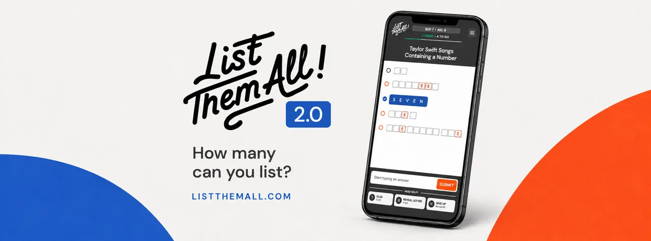 List Them All! 2.0 share image: the hand-lettered logo, How many can you list, and a phone showing a puzzle of Taylor Swift songs containing a number
