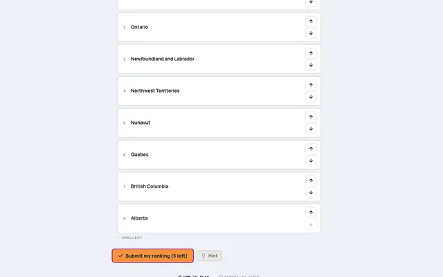 A Listed board on Mind Loft: Canadian provinces and territories in rows with up and down arrows, ranked by area, above the Submit my ranking button with 5 submits left