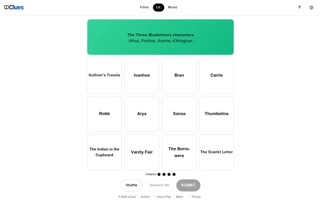 Litclues board of 29 October 2026 on a desktop: the green Three Musketeers group solved above twelve tiles such as Arya, Thumbelina, Ivanhoe and Vanity Fair