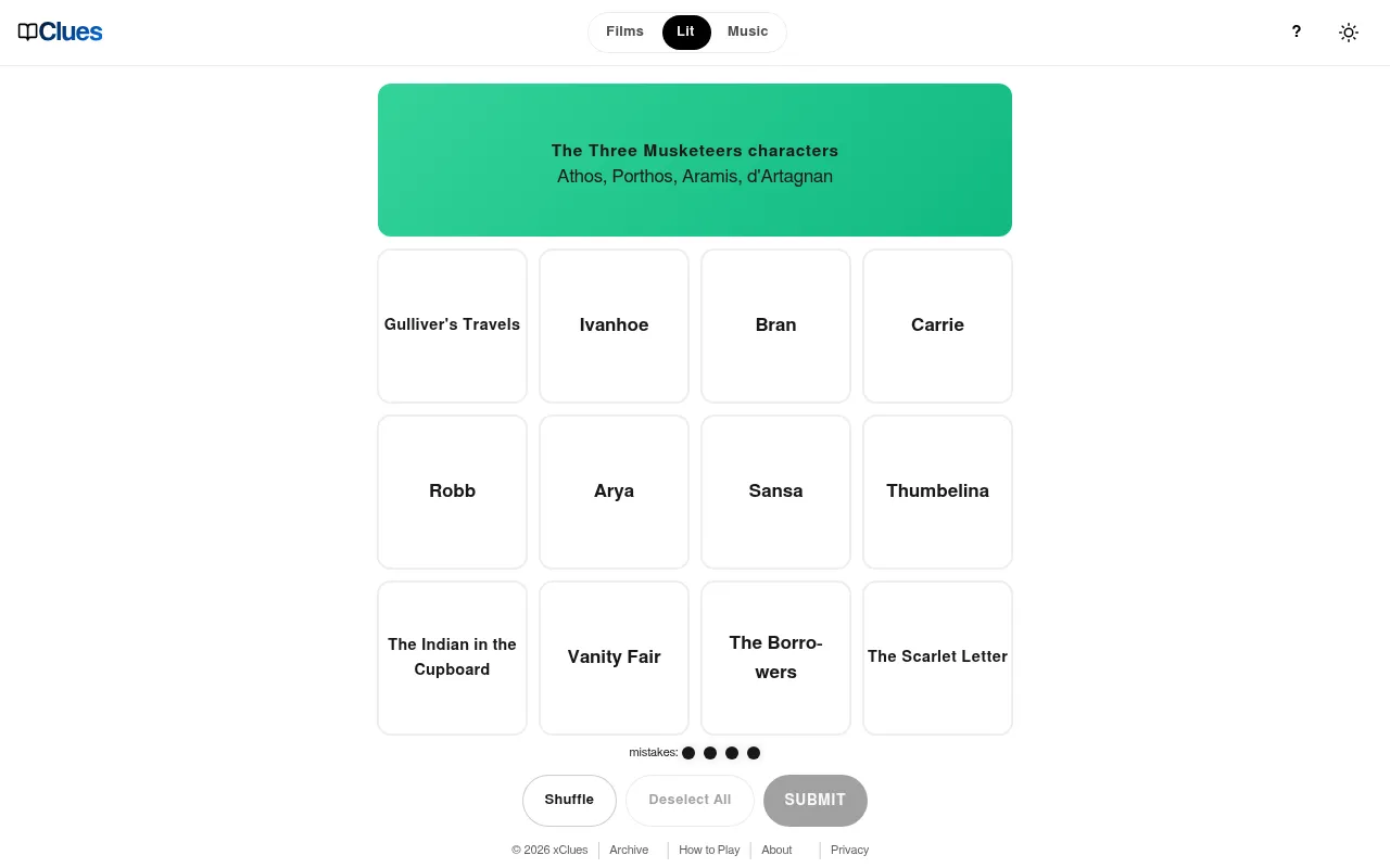 Litclues board of 29 October 2026 on a desktop: the green Three Musketeers group solved above twelve tiles such as Arya, Thumbelina, Ivanhoe and Vanity Fair