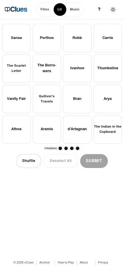Litclues on a phone: the sixteen tiles of the 29 October 2026 board in a four by four grid with four mistake dots and the Shuffle and Submit buttons