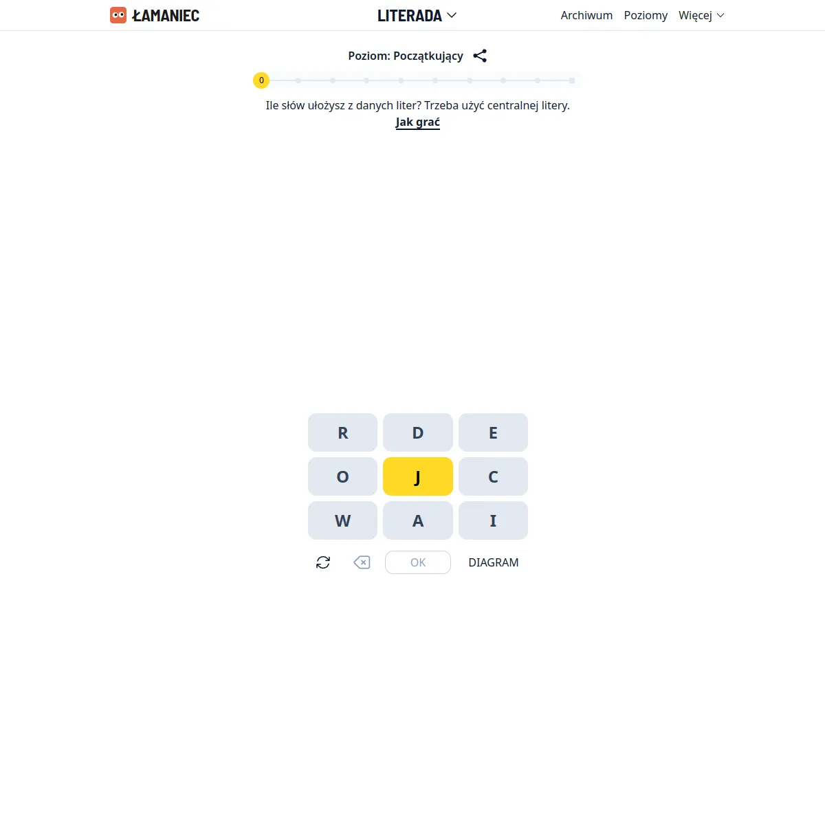 Literada game screen with nine letters around a yellow centre J, the level bar at Początkujący and the OK button