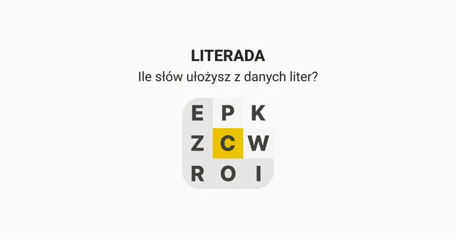 Literada title card with the question Ile słów ułożysz z danych liter and a 3x3 letter square with a yellow centre C