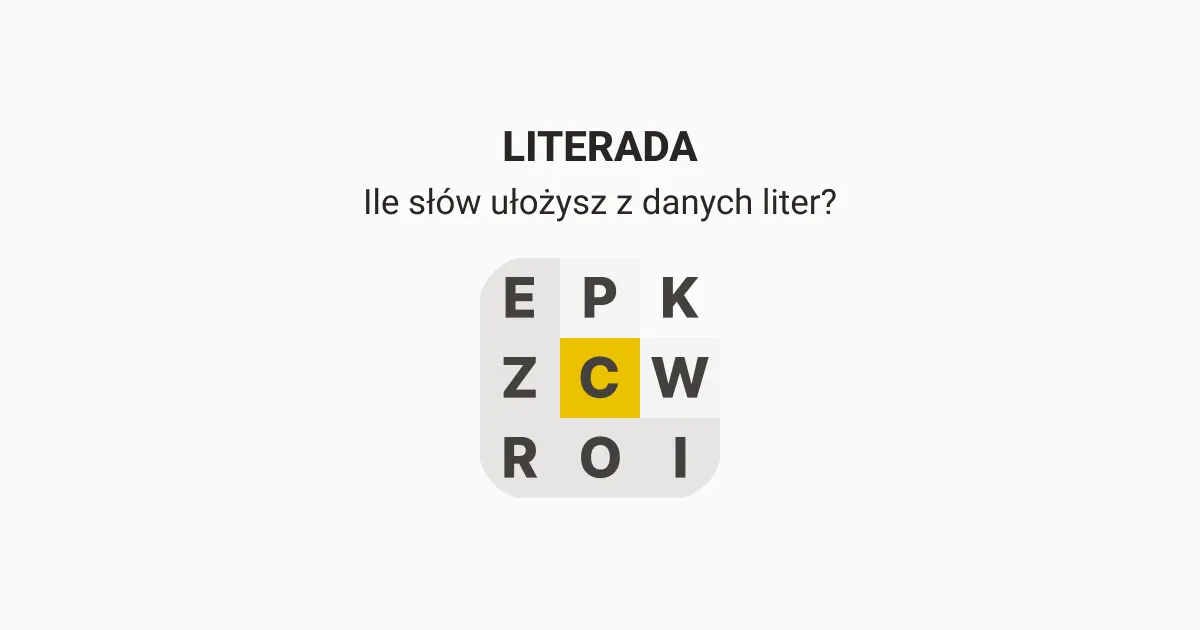 Literada title card with the question Ile słów ułożysz z danych liter and a 3x3 letter square with a yellow centre C