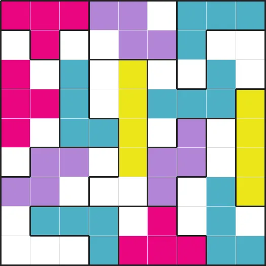 A solved example LITS puzzle from PuzzleMadness's rules: one coloured tetromino shaded in every region of a 9x9 grid