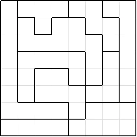 Today's Medium LITS puzzle on PuzzleMadness for 3 October 2026: an empty 8x8 grid divided by thick lines into regions