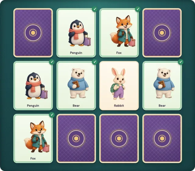 A Little Pairs board of twelve cards: matched pairs of a penguin, a fox and a polar bear face up, a rabbit card turned over and the rest face down