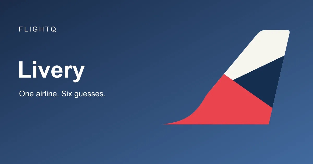 Livery share card from FlightQ: One airline. Six guesses, beside a red, navy and white tail fin