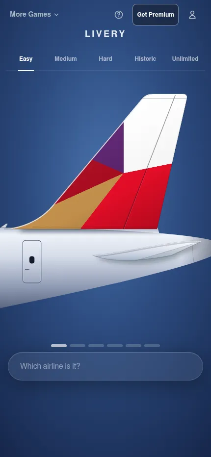 Livery on a phone on 21 October 2026: the Easy, Medium, Hard, Historic and Unlimited tabs over a tail fin in blocks of white, red, purple and gold