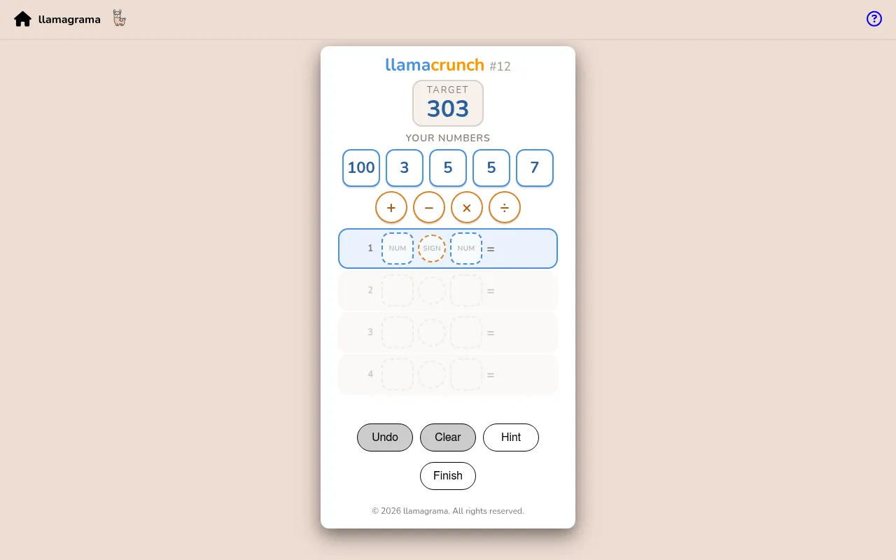llamacrunch #12: target 303, your numbers 100, 3, 5, 5 and 7, the four operation signs, and four empty step rows to build the chain, with Undo, Clear, Hint and Finish