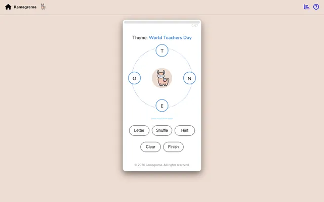 llamagrama board with the day's theme World Teachers Day and the letters T, N, E and O set around a circle above the Letter, Shuffle, Hint, Clear and Finish buttons