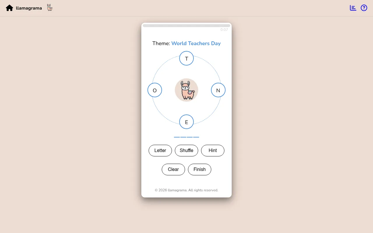 llamagrama board with the day's theme World Teachers Day and the letters T, N, E and O set around a circle above the Letter, Shuffle, Hint, Clear and Finish buttons