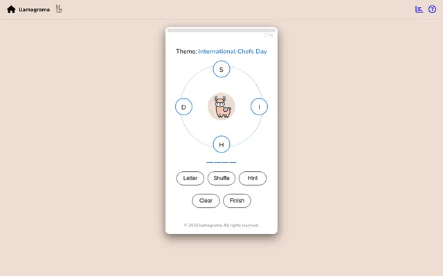 llamagrama board on 20 October 2026, theme International Chefs Day: four letters around a circle with a llama in the middle, above the Letter, Shuffle, Hint, Clear and Finish buttons