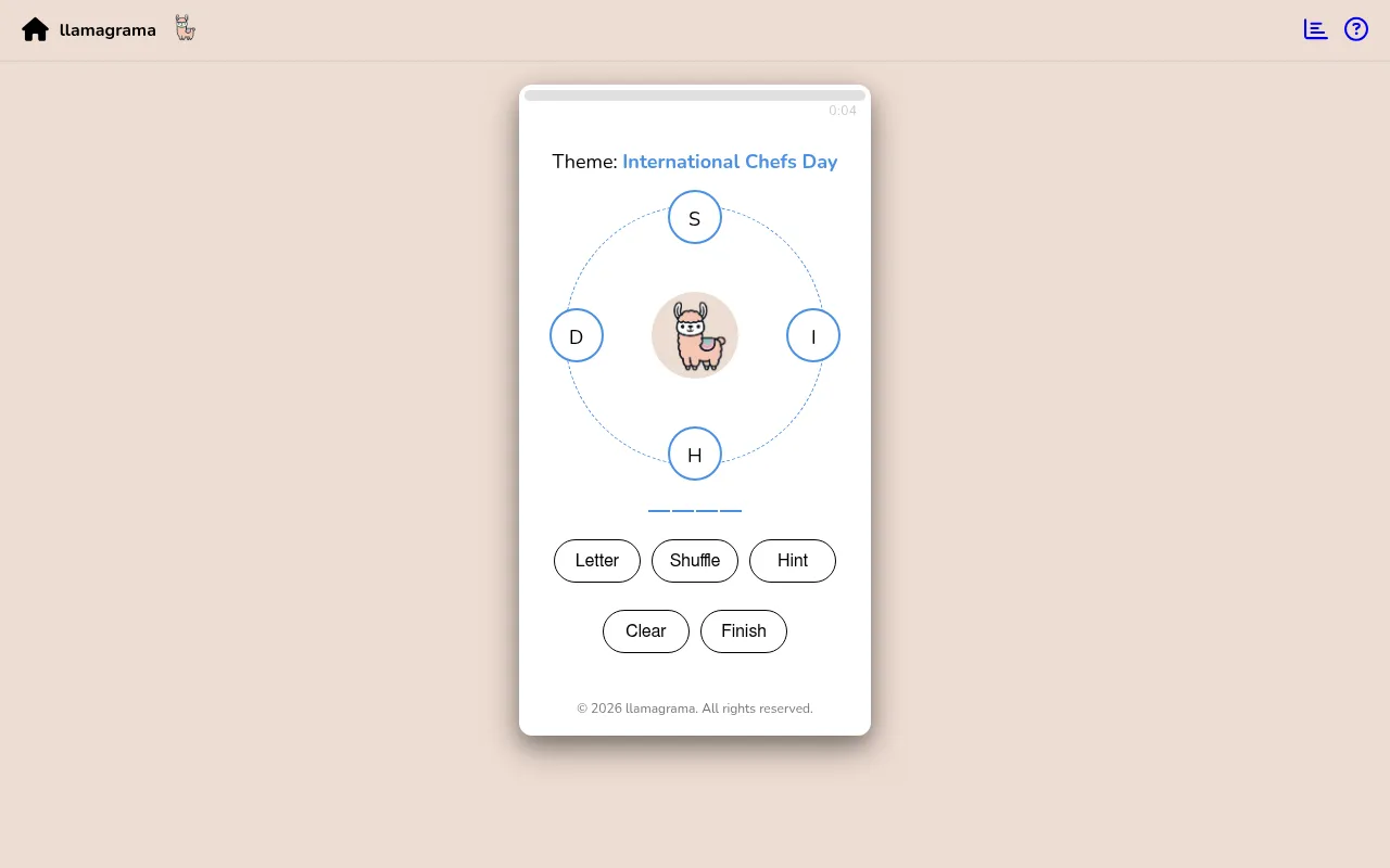 llamagrama board on 20 October 2026, theme International Chefs Day: four letters around a circle with a llama in the middle, above the Letter, Shuffle, Hint, Clear and Finish buttons