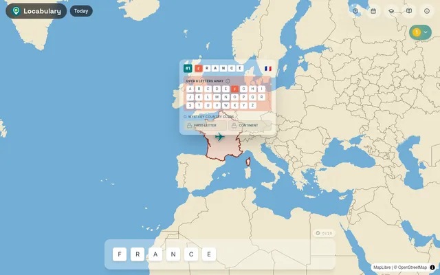 Today's Locabulary board: France outlined on a world map, its card reading Over 6 letters away, the alphabet bands and locked first letter and continent clues