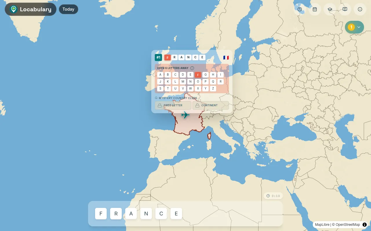 Today's Locabulary board: France outlined on a world map, its card reading Over 6 letters away, the alphabet bands and locked first letter and continent clues