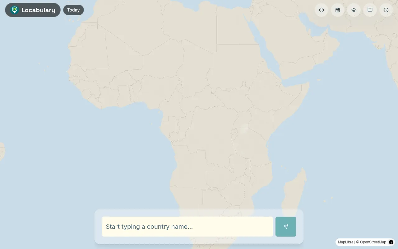 The Locabulary play screen: a world map centred on Africa with a box at the bottom reading Start typing a country name