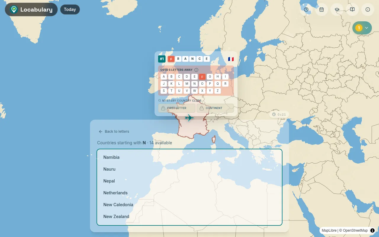 Locabulary mid-chain: after France, the letter N is chosen and a list offers the 14 countries starting with N, such as Namibia, Nepal and New Zealand