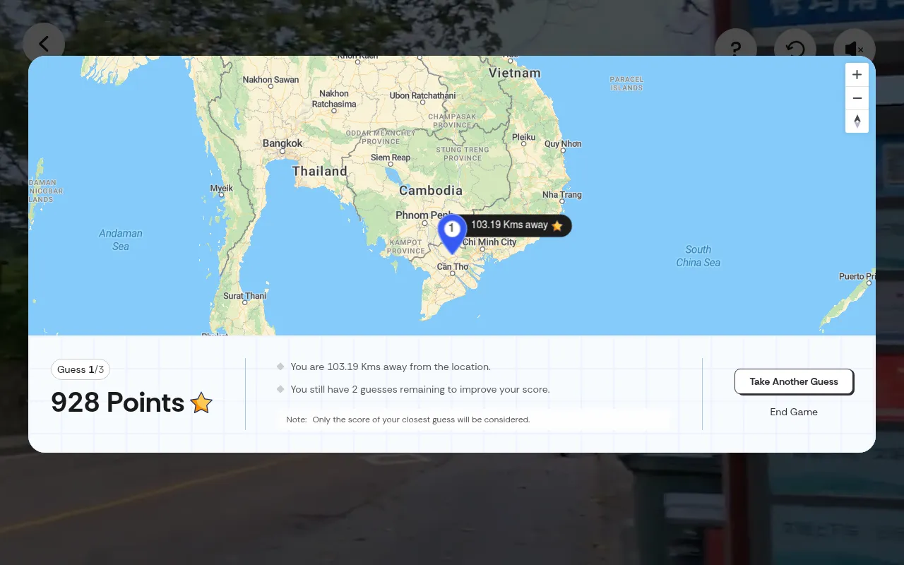 Location Guesser after a first guess: a pin in southern Vietnam 103 km from the spot, 928 points, Guess 1 of 3 and a Take Another Guess button