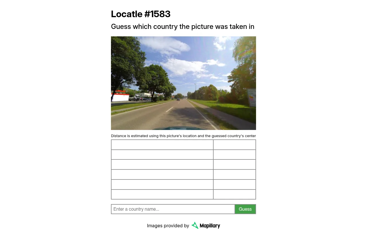 Locatle number 1583: a street-level photo of a tree-lined two-lane road under a blue sky, above six empty guess rows, a country name box with a green Guess button, and an Images provided by Mapillary