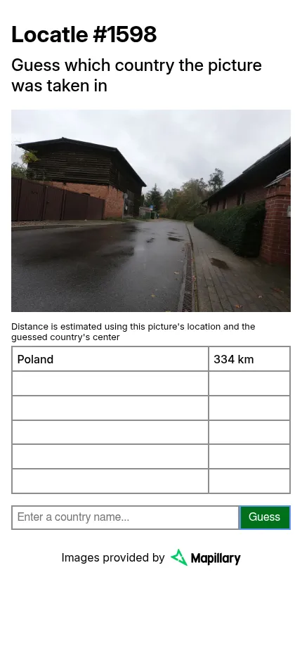 Locatle #1598 on a phone: a wet street between a brick wall and a wooden barn, with a first guess of Poland at 334 km in the table and the country box and Guess button below
